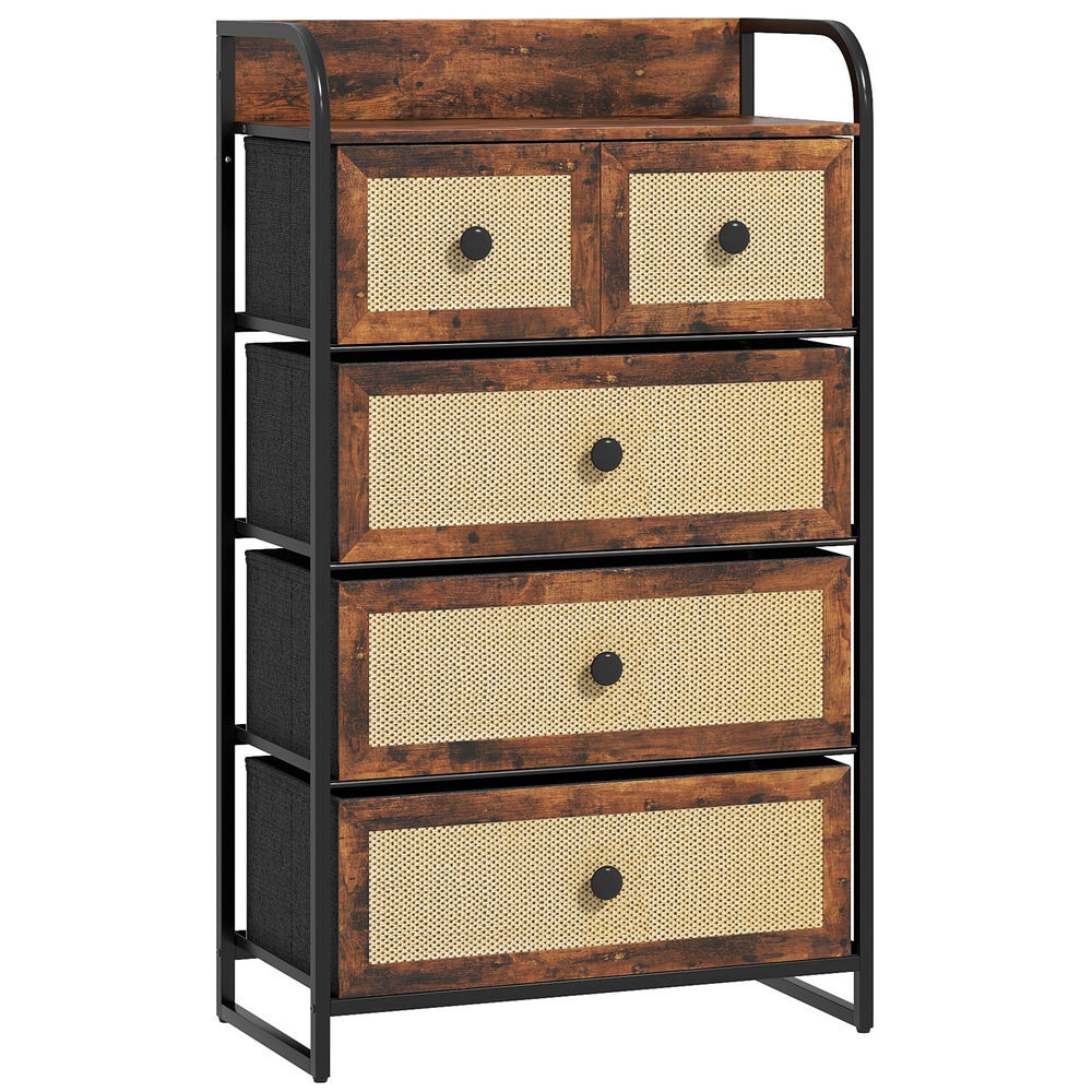 Homcom cómoda para dormitorio cajonera de tela con 5 cajones plegables con frentes de ratán y marco de acero cajonera para dormitorio salón marrón rústico