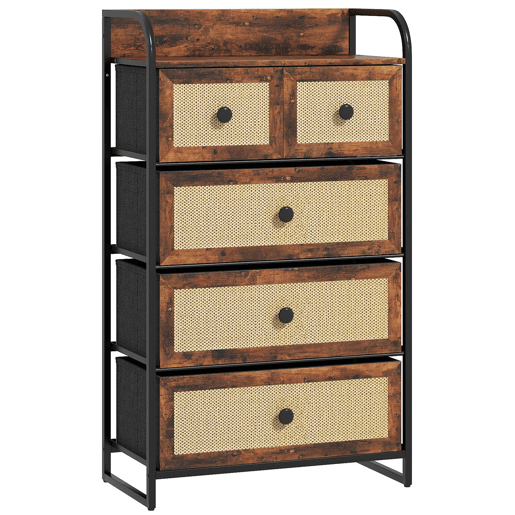 HOMCOM Cómoda de Tecido Cómoda para Dormitório com 5 Gavetas com Frente em Vime Prateleira e Estrutura em Aço para Sala de Estar 58x29x99 cm Marrom Rústico