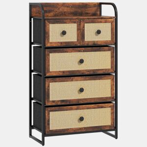 HOMCOM Cómoda de Tecido Cómoda para Dormitório com 5 Gavetas com Frente em Vime Prateleira e Estrutura em Aço para Sala de Estar 58x29x99 cm Marrom Rústico
