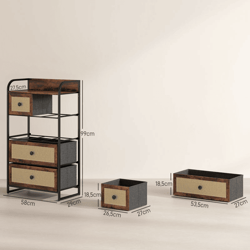 HOMCOM Cómoda de Tecido Cómoda para Dormitório com 5 Gavetas com Frente em Vime Prateleira e Estrutura em Aço para Sala de Estar 58x29x99 cm Marrom Rústico