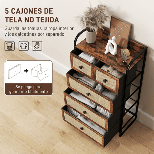 HOMCOM Cómoda de Tecido Cómoda para Dormitório com 5 Gavetas com Frente em Vime Prateleira e Estrutura em Aço para Sala de Estar 58x29x99 cm Marrom Rústico