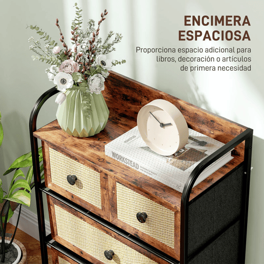 HOMCOM Cómoda de Tecido Cómoda para Dormitório com 5 Gavetas com Frente em Vime Prateleira e Estrutura em Aço para Sala de Estar 58x29x99 cm Marrom Rústico