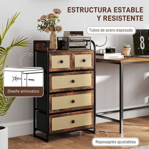 HOMCOM Cómoda de Tecido Cómoda para Dormitório com 5 Gavetas com Frente em Vime Prateleira e Estrutura em Aço para Sala de Estar 58x29x99 cm Marrom Rústico