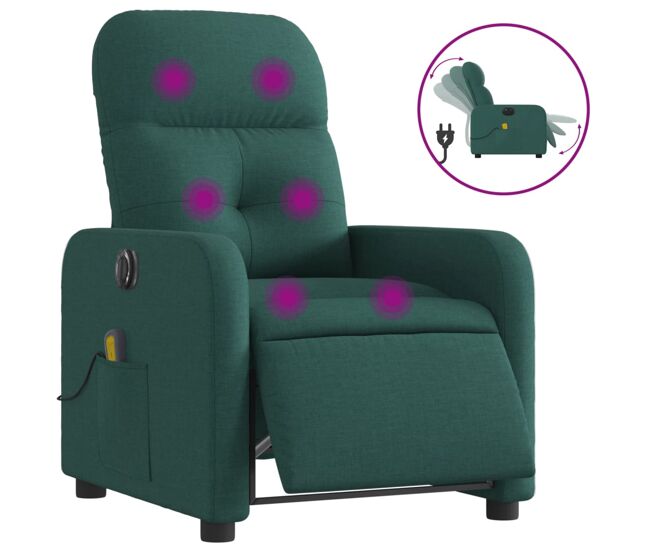 Vidaxl sillón reclinable de masaje eléctrico tela verde oscuro
