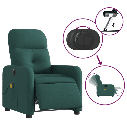 vidaXL Poltrona reclinável de massagens elétrica tecido verde-escuro vidaXL Poltrona reclinável de massagens elétrica tecido verde-escuro