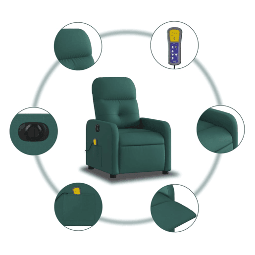 vidaXL Poltrona reclinável de massagens elétrica tecido verde-escuro vidaXL Poltrona reclinável de massagens elétrica tecido verde-escuro