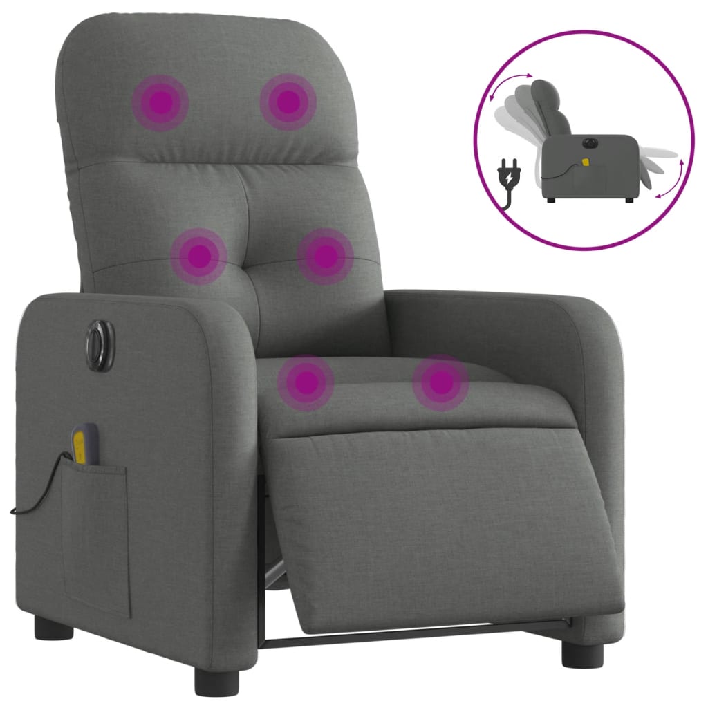 Vidaxl sillón reclinable de masaje eléctrico tela gris oscuro