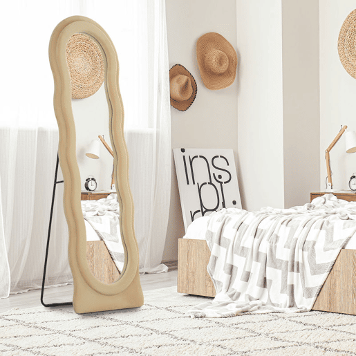 HOMCOM Espelho de Pé 50x160 cm Espelho de Corpo Inteiro ou de Parede com Desenho Assimétrico e Estrutura de Veludo para Sala de Estar Dormitório Bege