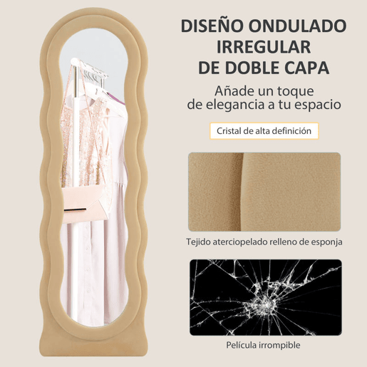 HOMCOM Espelho de Pé 50x160 cm Espelho de Corpo Inteiro ou de Parede com Desenho Assimétrico e Estrutura de Veludo para Sala de Estar Dormitório Bege