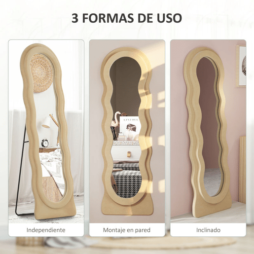 HOMCOM Espelho de Pé 50x160 cm Espelho de Corpo Inteiro ou de Parede com Desenho Assimétrico e Estrutura de Veludo para Sala de Estar Dormitório Bege