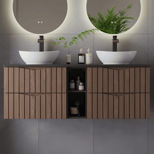 Móvel lavatório duplo 140cm 2 nichos Siena madeira e preto