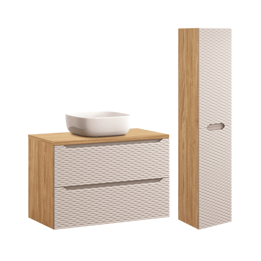Elora Móvel de lavatório simples bege e madeira 90cm e pedestal Elora Móvel de lavatório simples bege e madeira 90cm e pedestal