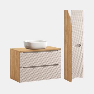 Elora Móvel de lavatório simples bege e madeira 90cm e pedestal