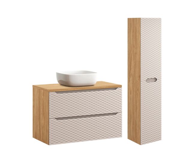 Conjunto de muebles con lavabo individual 90cm y columna elora beige y madera
