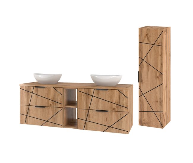Conjunto de muebles con doble lavabo 140cm 2 compartimientos y columna teren madera
