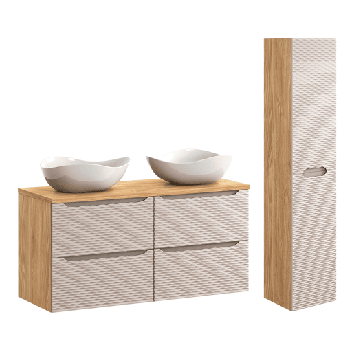 Conjunto de lavatório duplo de 120 cm com 4 gavetas e coluna Elora em bege e madeira Cloud