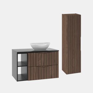 Móvel de lavatório individual 80cm 2 nichos com coluna Siena madeira e preto