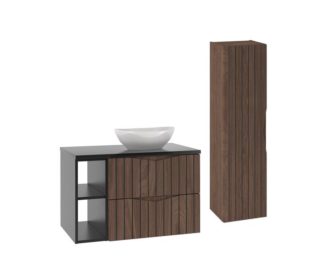 Conjunto de muebles con lavabo individual 80cm 2 compartimientos y columna siena madera y negro
