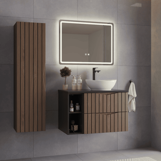 Móvel de lavatório individual 80cm 2 nichos com coluna Siena madeira e preto