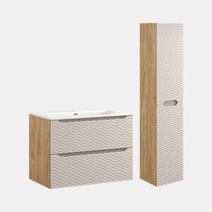 Conjunto móvel lavatório simples embutido 80cm e coluna Elora Bege e madeira