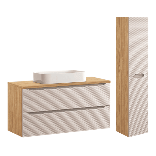 Móvel de lavatório simples Elora bege e madeira 120cm 2 gavetas e pedestal