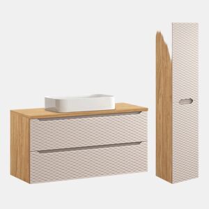 Móvel de lavatório simples Elora bege e madeira 120cm 2 gavetas e pedestal