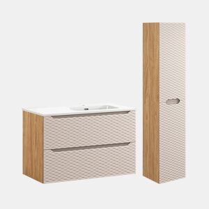 Conjunto móvel lavatório individual direito 90cm e coluna Elora Bege e madeira