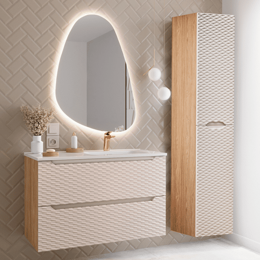Conjunto móvel lavatório individual direito 90cm e coluna Elora Bege e madeira