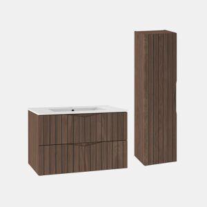 Conjunto móvel lavatório simples encastrado 80cm e coluna Siena madeira e preto