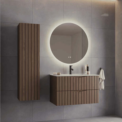 Conjunto móvel lavatório simples encastrado 80cm e coluna Siena madeira e preto