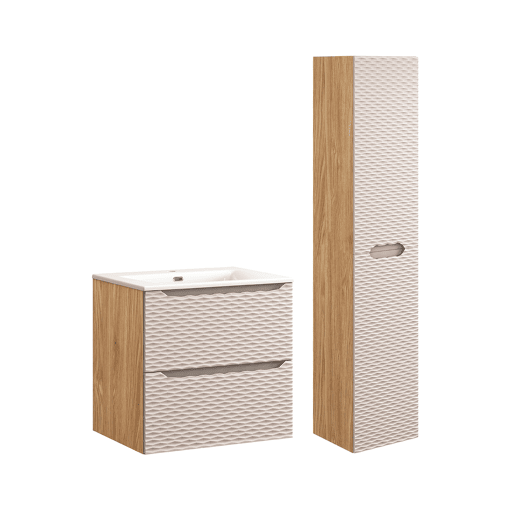 Conjunto móvel lavatório simples embutido 60cm e coluna Elora Bege e madeira