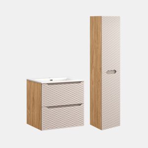 Conjunto móvel lavatório simples embutido 60cm e coluna Elora Bege e madeira
