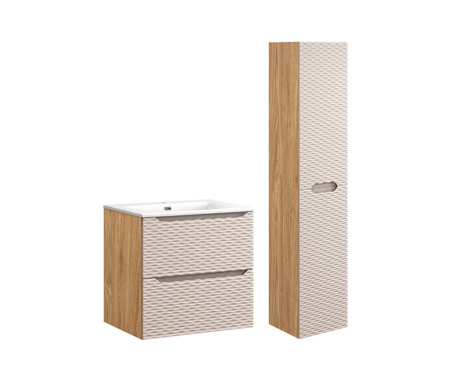 Conjunto de muebles con lavabo individual encastrado 60cm y columna elora beige y madera