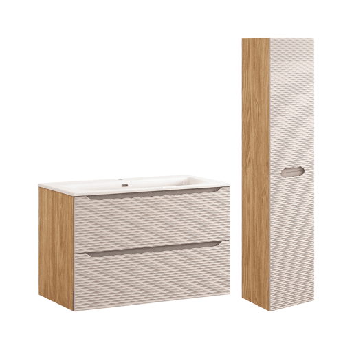 Móvel de toucador individual 90cm com lavatório embutido e pedestal Elora em bege e madeira