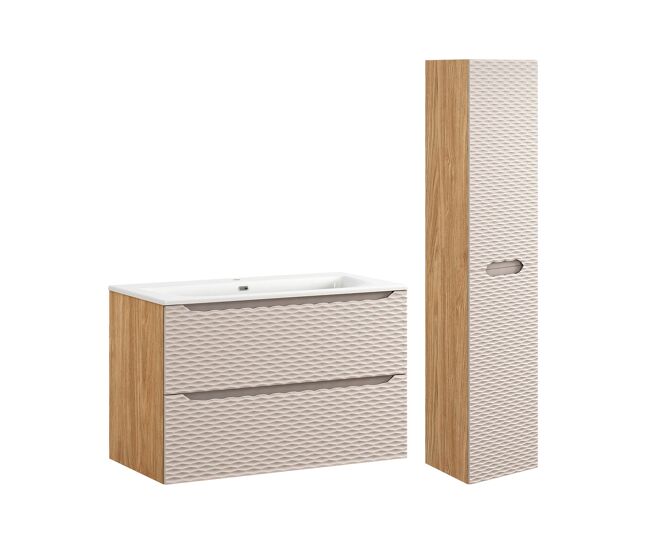 Conjunto de muebles con lavabo individual encastrado 90cm y columna elora beige y madera