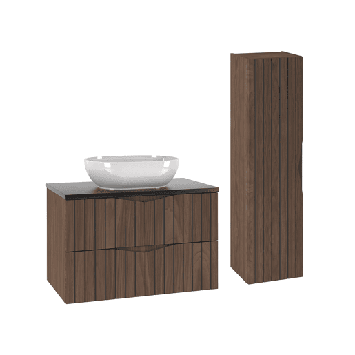 Móvel de lavatório individual 80cm com coluna Siena madeira e preto