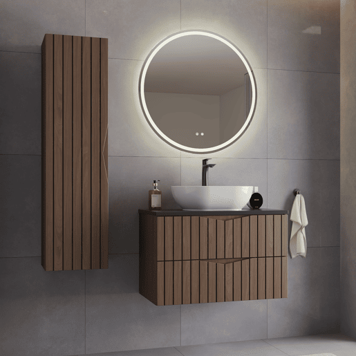 Móvel de lavatório individual 80cm com coluna Siena madeira e preto