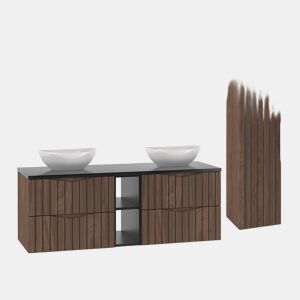 Conjunto móvel lavatório duplo 140cm 2 nichos e coluna Siena madeira e preto