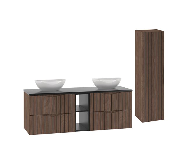 Conjunto de muebles con doble lavabo 140cm 2 compartimientos y columna siena madera y negro