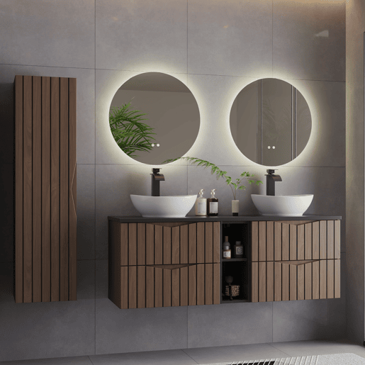 Conjunto móvel lavatório duplo 140cm 2 nichos e coluna Siena madeira e preto