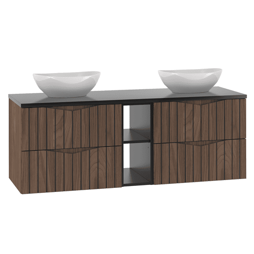 Conjunto móvel lavatório duplo 140cm 2 nichos e coluna Siena madeira e preto
