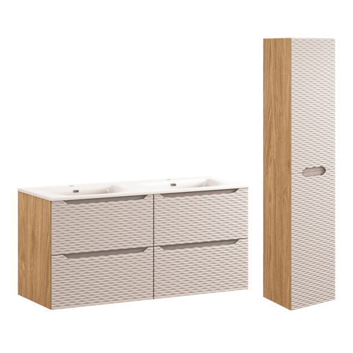 Conjunto móvel lavatório duplo embutido 120cm 4 gavetas e coluna Elora Bege e madeira