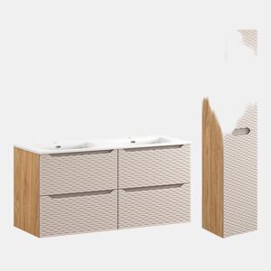 Conjunto móvel lavatório duplo embutido 120cm 4 gavetas e coluna Elora Bege e madeira