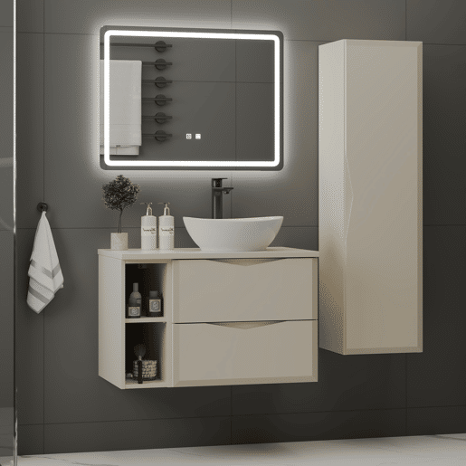 Conjunto móvel simples lavatório 80cm 2 nichos e coluna Ellie Caxemira