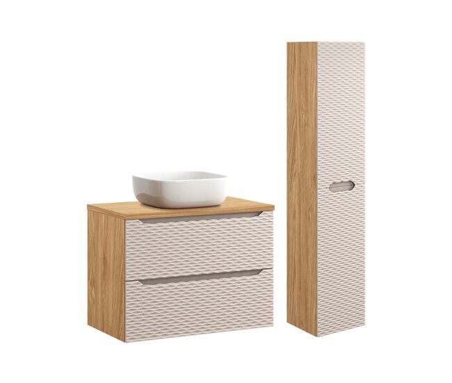 Conjunto de muebles con lavabo individual 80cm y columna elora beige y madera