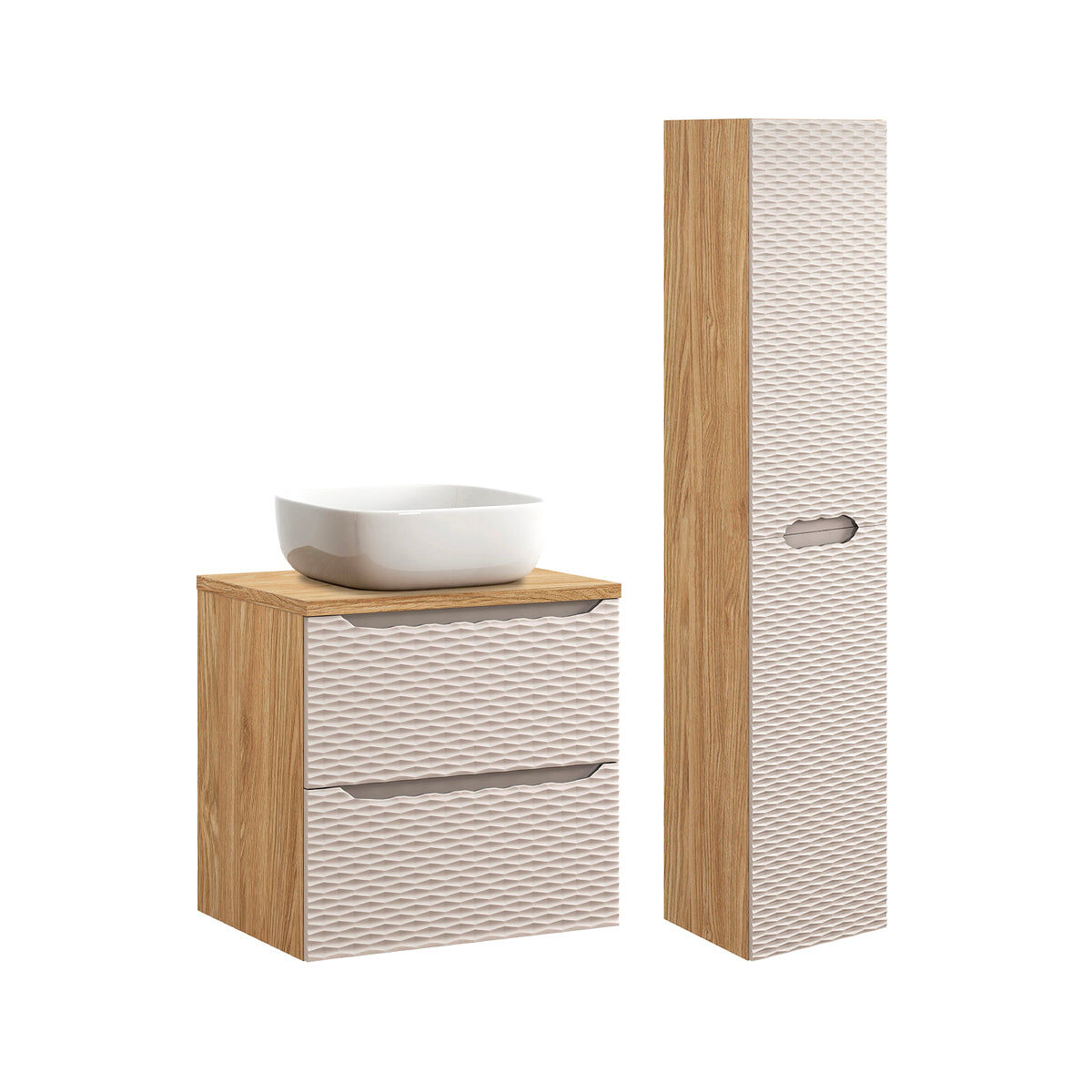 Conjunto de muebles con lavabo individual 60cm y columna elora beige y madera