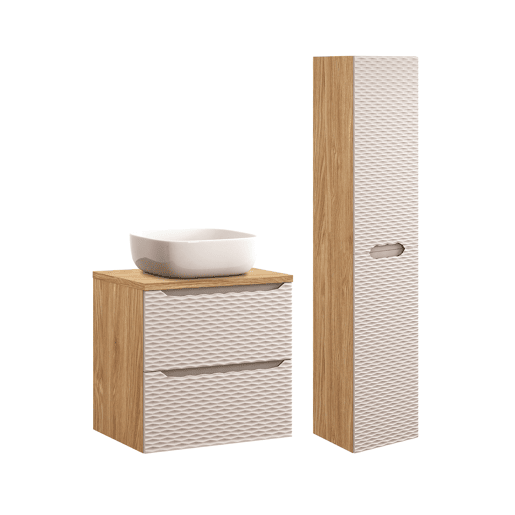 Conjunto móvel lavatório simples 60cm e coluna Elora Bege e madeira Conjunto móvel lavatório simples 60cm e coluna Elora Bege e madeira