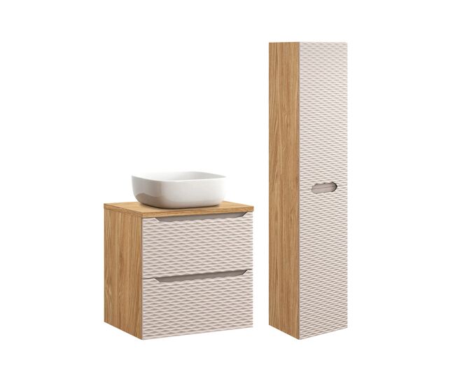 Conjunto de muebles con lavabo individual 60cm y columna elora beige y madera