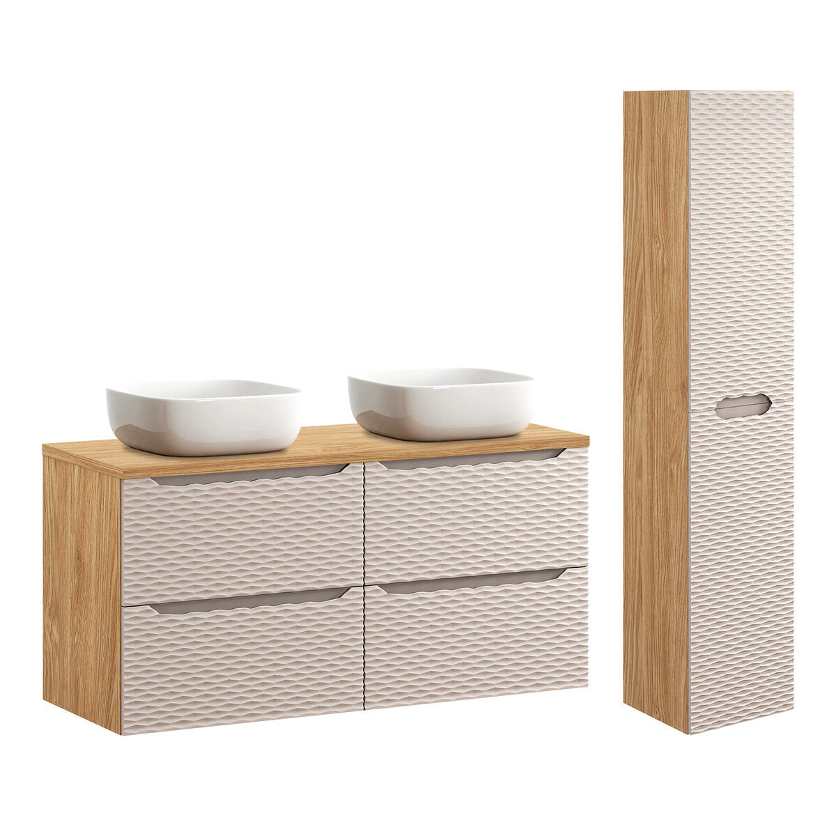Conjunto de muebles con doble lavabo 120cm 4 cajones y columna elora beige y madera