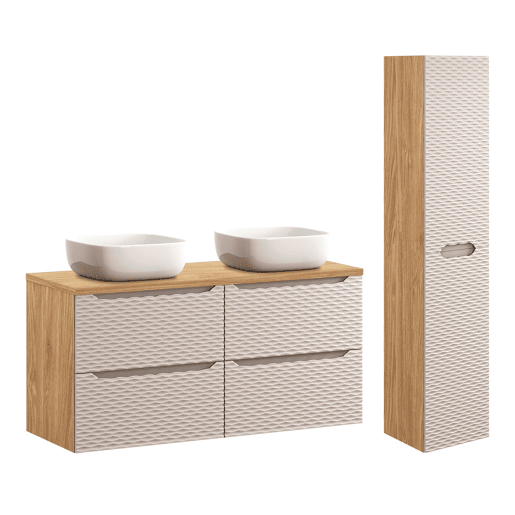 Conjunto móvel lavatório duplo 120cm 4 gavetas e coluna Elora Bege e madeira